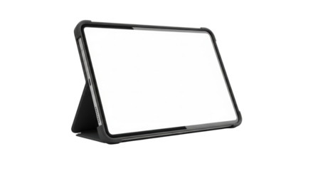 A modern sleek digital tablet device with thin bezels and a glowing blank white screen, propped landscape in a black matte protective case, isolated against a clean white background with copy space,