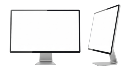 Two 27-inch modern desktop computer monitors with blank white screens, ultra-thin black bezels, and silver stands, isolated on a clean white studio background with copy space, professional digital