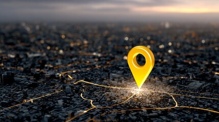 Yellow dot on a map of a city. The dot is a GPS point. The city is lit up at night