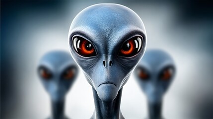 Three alien heads with red eyes and a blue face. The alien faces are looking at the camera
