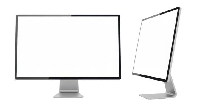 Two 27-inch modern desktop computer monitors with blank white screens, ultra-thin black bezels, and silver stands, isolated on a clean white studio background with copy space, professional digital