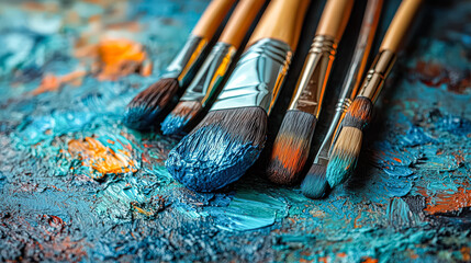 Obraz premium Group of paintbrushes are laid out on a blue and orange background. The brushes are of various sizes and colors, including blue, green, and orange. Concept of creativity and artistic expression