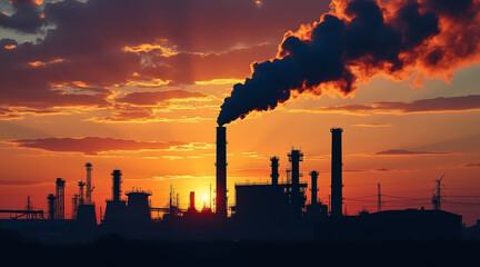 Fuel and Lignite concept ,Silhouette of factory with smoke against vibrant sunset, evoking sense of industrial beauty