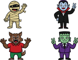 Cartoon Halloween monsters, mummy, vampire, werewolf, Frankenstein, cute spooky characters, scary costumes, kids Halloween illustration, vector art, horror cartoon, Halloween fun.