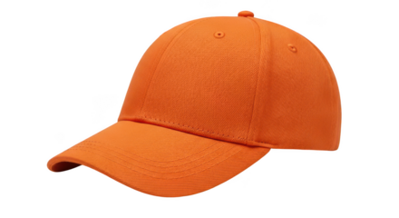 A textured bright orange baseball cap with a curved brim and adjustable strap shown isolated on transparent background