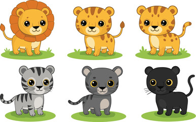 Cartoon jungle animals, cute baby lion, tiger, panther, leopard, wild cats collection, adorable character set, animal illustration, fun vector, wildlife design, kids theme.