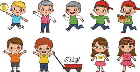 Cartoon kids playing, happy children characters, outdoor fun, smiling boys and girls, pet cats, fruit basket, colorful outfits, summer activity, joyful kids illustration, fun