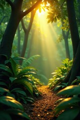 Golden light filters through leaves, illuminating the jungle floor with speckled patterns , texture, botanical, jungle background