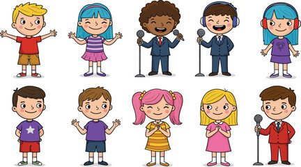 Cartoon kids singing with microphones, happy boys and girls performance, colorful children illustration, fun music scene, joyful child characters, playful artwork for education