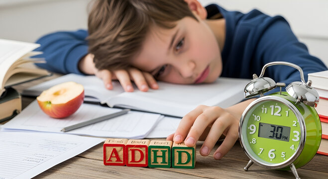 A young boy looking tired at his desk, with a clock and blocks spelling ADHD.
