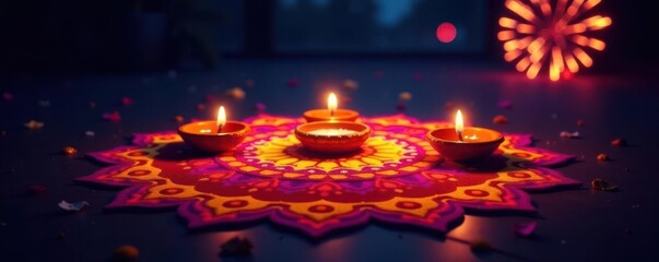Vibrant Diwali rangoli with diyas and fireworks , background, india