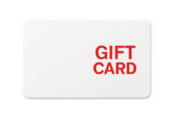 Gift card with red lettering on a white background with rounded corners, promoting gift-giving and shopping