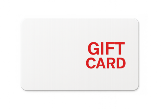 Gift card with red lettering on a white background with rounded corners, promoting gift-giving and shopping