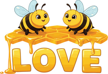 Obraz premium Cute bees on honeycomb, dripping honey, LOVE text design, cartoon bees in love, sweet honey bee art, romantic insect illustration, valentine love concept.