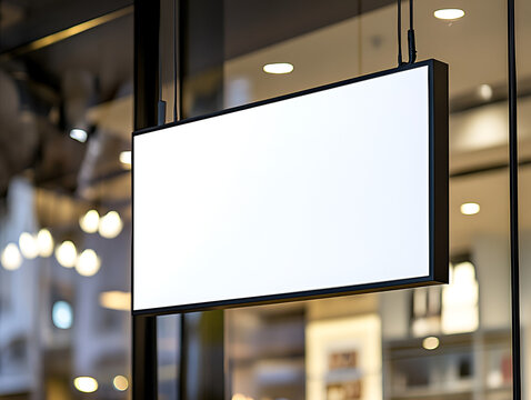 A blank white rectangular sign mockup hanging from the ceiling inside a modern store or office with a blurred background.