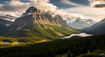 Fototapeta premium Majestic Mountain Range With Snow Capped Peaks And Forested Valley