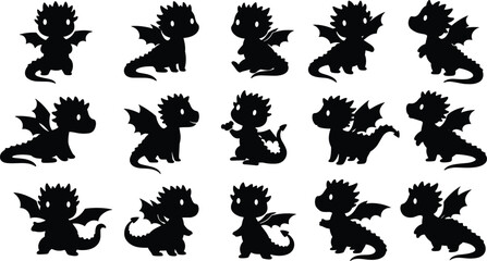 Cute baby dragon silhouettes, fantasy creature icons, cartoon dragon vector set, mythical animal illustrations, black dragon shapes, adorable dragon figures, isolated fantasy silhouettes