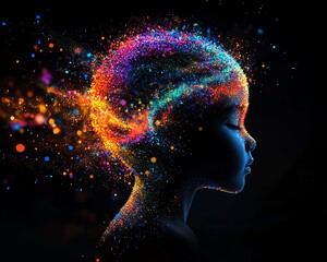 Fototapeta premium Plexus structure brain made from colorful glowing particles in black silhouette of child s head