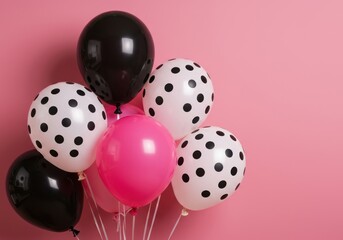 A festive cluster of black white polka dot and pink balloons against a soft pink background