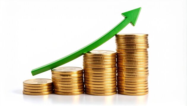 "Stacks of gold coins arranged in ascending order with a green upward arrow above, symbolizing financial growth, increasing wealth, and positive investment returns."