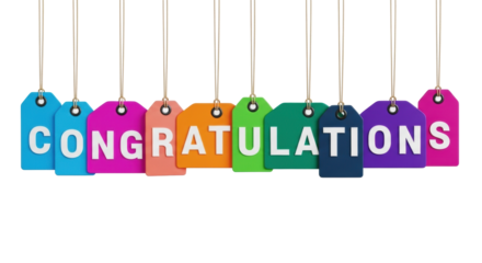 White uppercase 'congratulations' letters on individual vibrant rectangular tags (blue, pink, orange, green, dark blue, purple), each suspended horizontally by brown string from a black eyelet