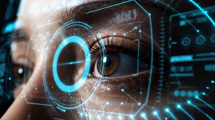 eye scan technology, Futuristic digital scan over female eye representing biometric verification cybersecurity and artificial intelligence concept - Powered by Adobe