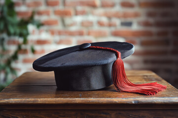 Fototapeta premium Black graduation cap with a red tassel. The cap is sitting on a wooden table