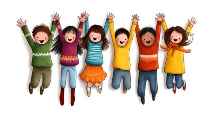 Group of children are jumping in the air and holding hands. The children are of different ages and colors, and they are all smiling. Concept of joy and happiness
