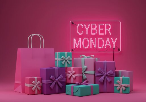 Cyber monday shopping extravaganza featuring gift boxes and a neon sign on a pink background