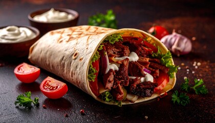 Grilled shawarma wrap with vegetables and garlic sauce in detailed fast food illustration