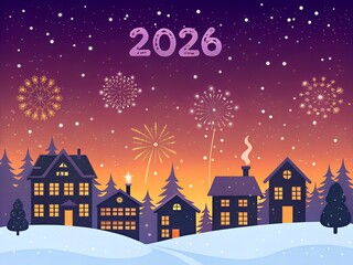 Winter town silhouette with colorful fireworks and starry night sky image