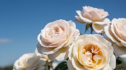 Elegant white roses in full bloom against a clear blue sky, showcasing delicate petals and vibrant colors.
