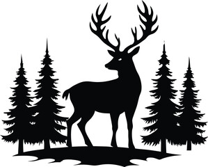 Silhouette vector of a deer with pine trees and forest scenery, deer with pine trees and forest scenery illustration