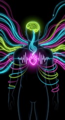 Naklejka premium A vibrant illustration of the heart-brain coherence, with glowing pink and blue energy connecting the two vital organs 