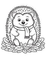 Adorable Hedgehog Wearing Scarf on Fall Leaves – Cute Autumn Forest Animal Line Art for Thanksgiving Coloring Page
