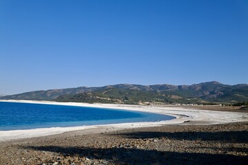 Blue lake scenery. River, trees, sky. Lake in Turkey High quality photo