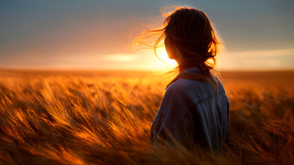 Silhouette of a woman gazing at the sunset in a field of golden wheat.