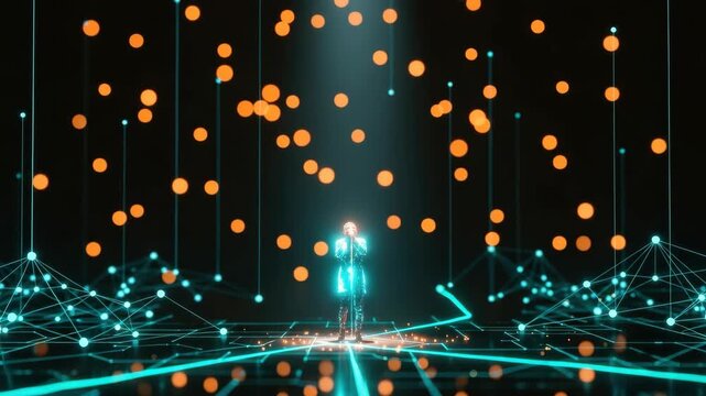 A futuristic scene featuring a glowing figure surrounded by vibrant floating orange orbs and a network of blue lines symbolizing technology and innovation in a digital landscape - Powered by Adobe