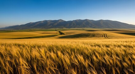 Obraz premium Golden wheat field with rolling hills and distant mountains