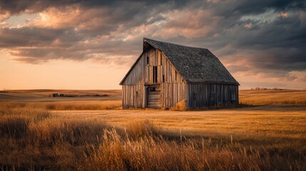 Rustic barn stands alone in golden field during sunset near countryside