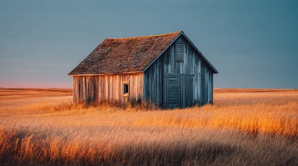 Rustic barn stands alone in golden field during sunset near countryside