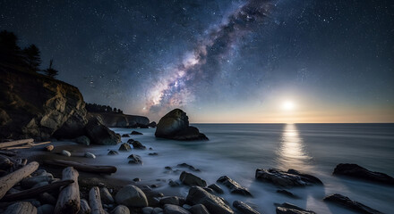 Nighttime coastal landscape with Milky Way galaxy, moon, and rocks.