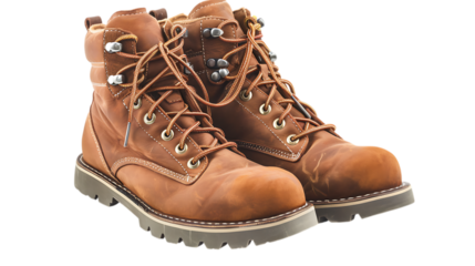 A pair of brown leather work boots with laces and metal eyelets on a neutral colored surface