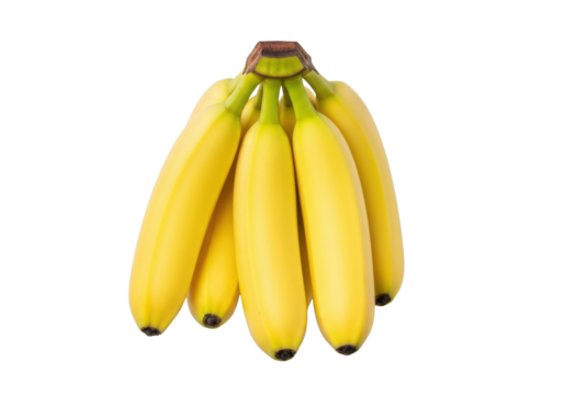 A vibrant bunch of fresh, ripe yellow bananas with smooth, unblemished skin and subtle green stems, floating on a transparent seamless isolated background with no shadows, concept of fresh produce