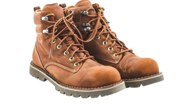 A pair of brown leather work boots with laces and metal eyelets on a neutral colored surface