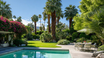 Fototapeta premium Summer California Garden With Palm, Bougainvillea, Pool, Family, Sunlight