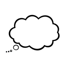 Blank white cloud-shaped thought bubble with thick black wavy outline and three connecting ellipses at bottom left, on a pristine plain white background with ample copy space, ultra photorealistic
