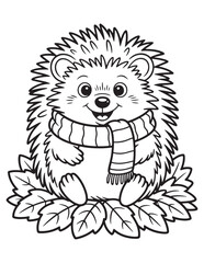 Adorable Hedgehog Wearing Scarf Sitting on Leaves – Cute Autumn Animal Line Art Coloring Page for Thanksgiving

