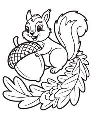 Cute Squirrel with Acorn Sitting on Tree Branch and Leaves – Forest Animal Autumn Line Art for Thanksgiving Coloring Page

