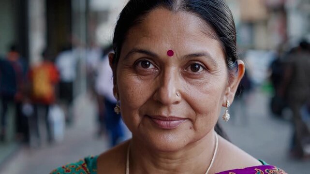 Authentic portrait of a beautiful smiling middle aged indian woman wearing a colorful sari and bindi on a blurred urban street in Mumbai, India